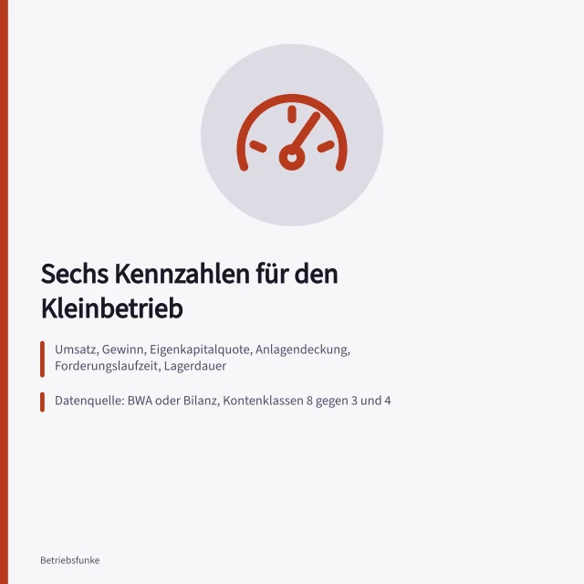 Kennzahlen-Karte mit sechs Werten aus BWA und Bilanz. Betriebskennzahlen im Kleinbetrieb: auswählen, berechnen, handeln