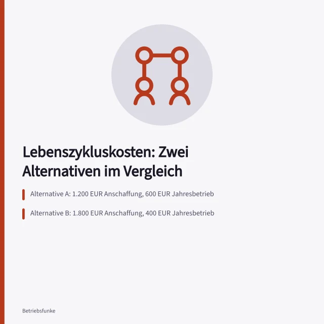 Vergleich zweier Alternativen mit Anschaffungs- und jährlichen Betriebskosten. Wie vergleicht ein Kleinbetrieb Lebenszykluskosten zweier Alternativen?
